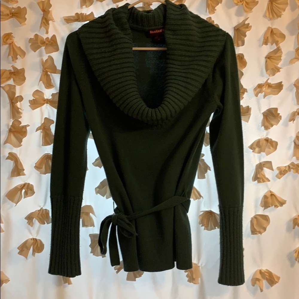 Belted off shoulder or cowl neck sweater